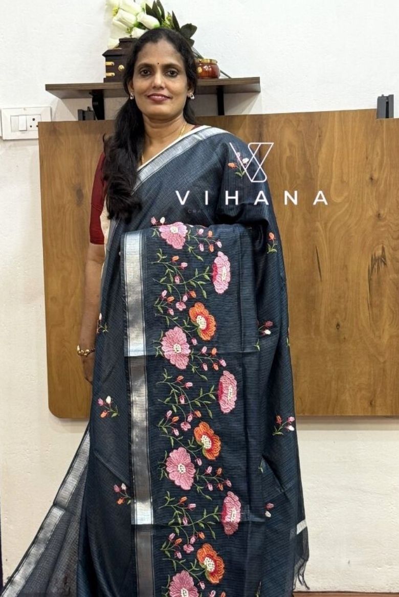 Blueish Grey Kota Doria Organza Silk Saree