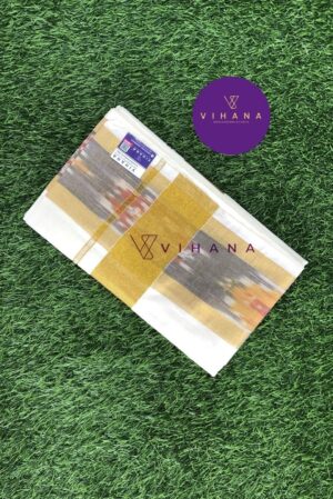 Kerala Cotton Set Saree with Golden Zari and Ikat Border