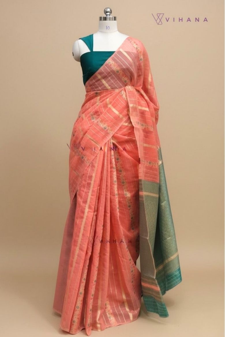 Light Peach Linen Cotton Saree