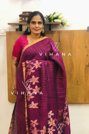 Magenta Linen Cotton Jamdhani Weave Saree