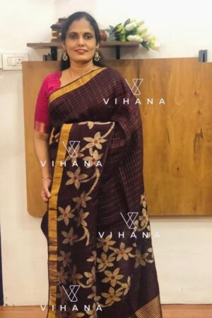 Wine Linen Cotton Jamdhani Weave Sareee