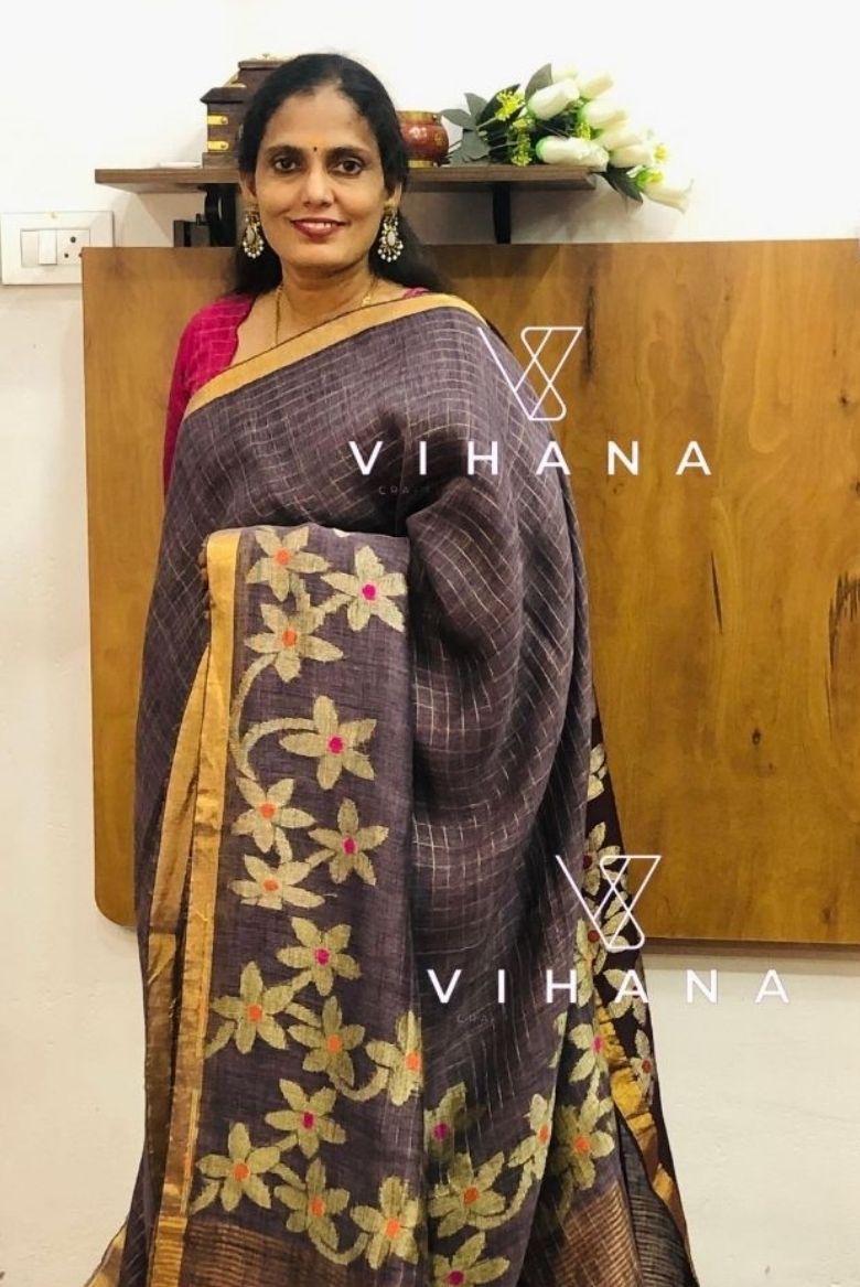 Grey Linen Cotton Jamdhani Weave Saree