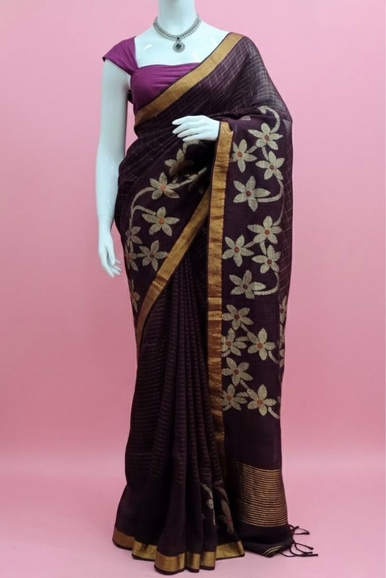 Wine Linen Cotton Jamdhani Weave Sareee - Image 7