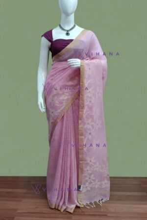 Light Pink Linen Cotton Jamdhani Floral Weave Sareee