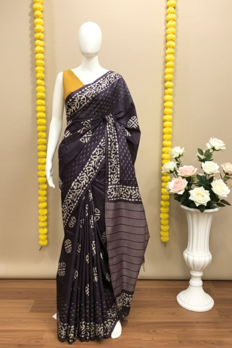 Dark Wine Kota Silk Katwar Batik Print Saree - Image 7