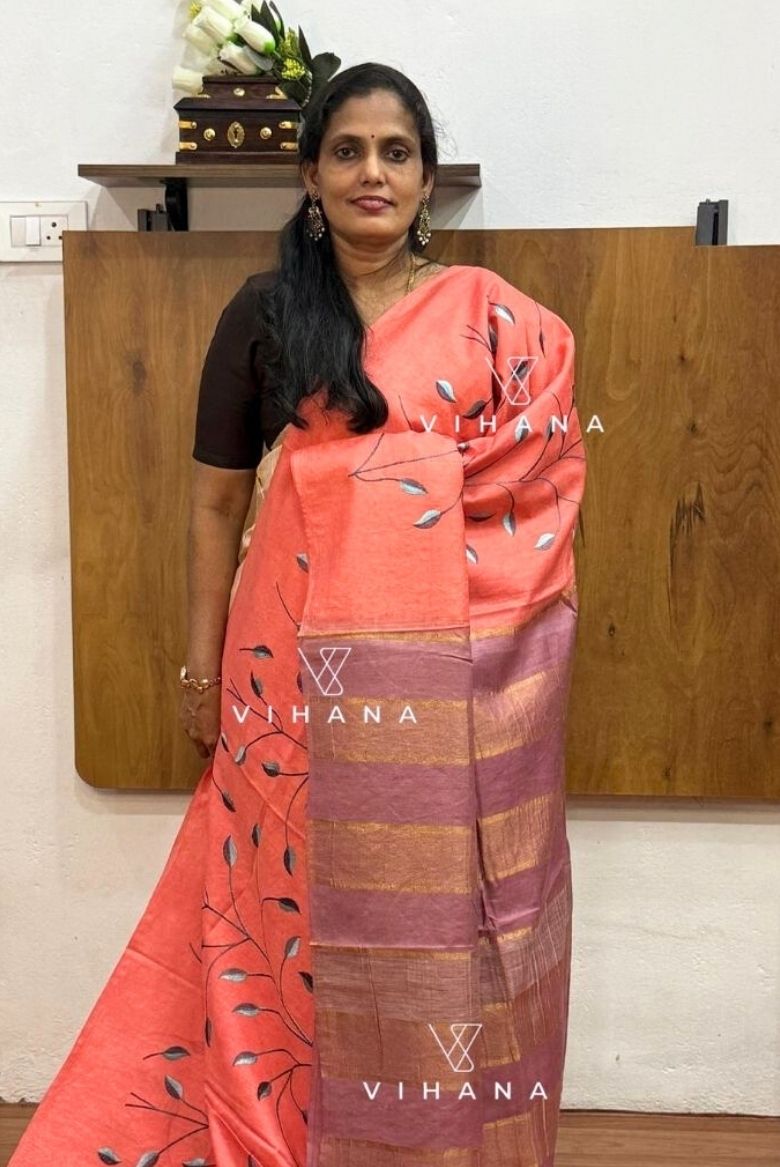 Coral Peach Kota Munga Silk Embroidery Saree