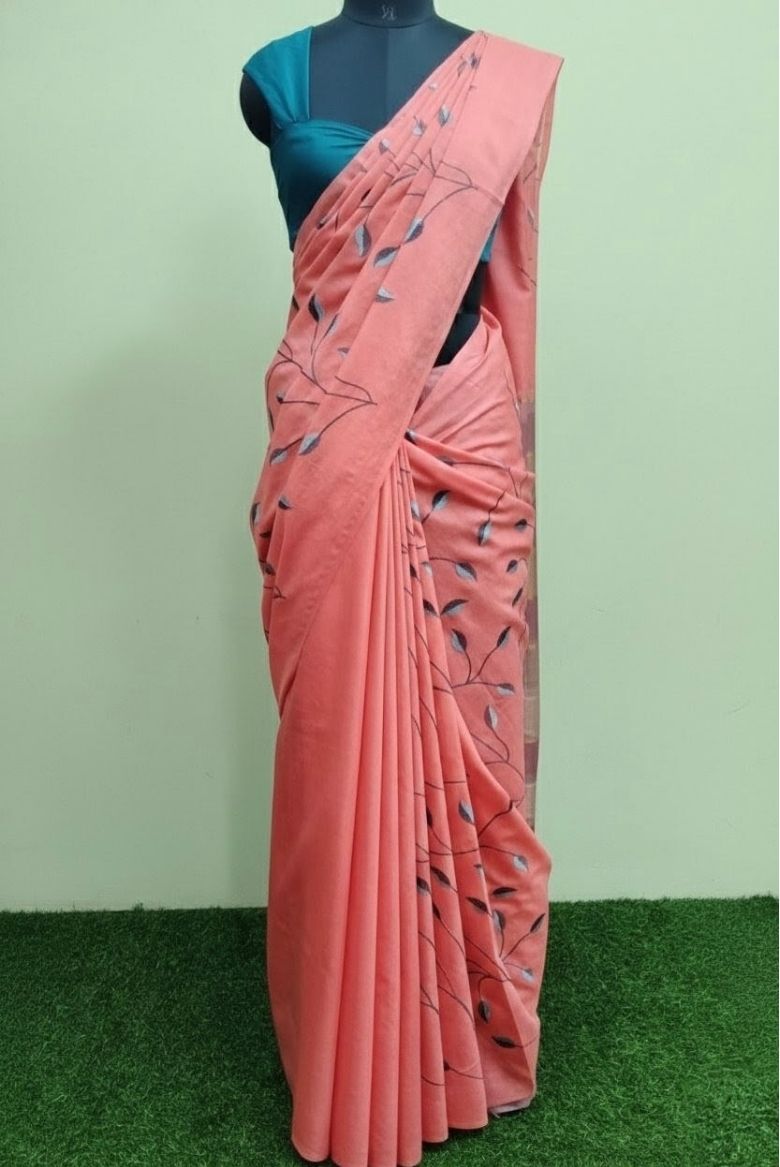 Coral Peach Kota Munga Silk Embroidery Saree - Image 7