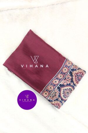 Dark Wine Modal Satin Silk Saree with Traditional Ajrakh Print