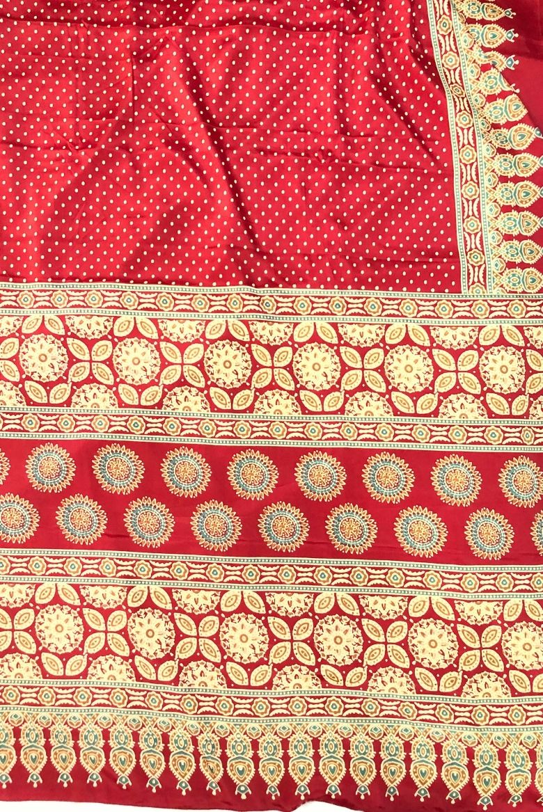 Vivid Red Bindi Polka Dots Print Semi Modal Crepe Silk Saree - Image 3