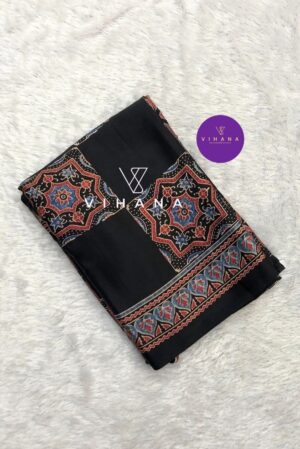Premium Gajji Modal Silk Saree with Ajrakh Hand Block Prints-Black