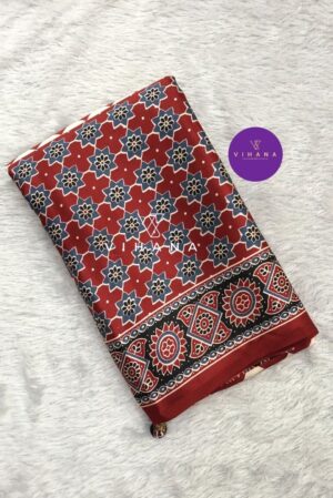 Deep Red Ajrakh Printed Premium Modal Silk Saree