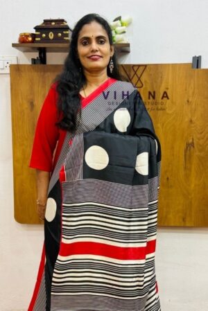 Black Polka Dot Modal Crepe Silk Sareee