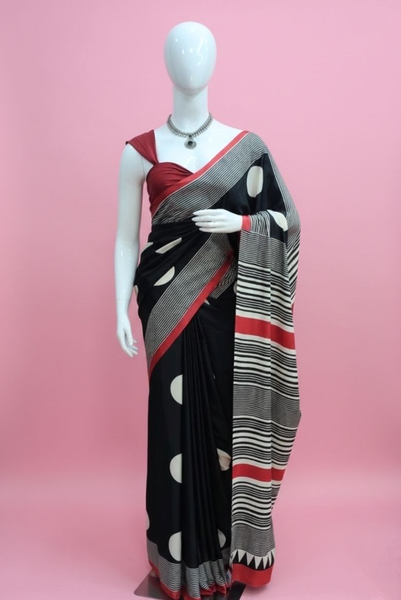 Black Polka Dot Modal Crepe Silk Sareee - Image 6