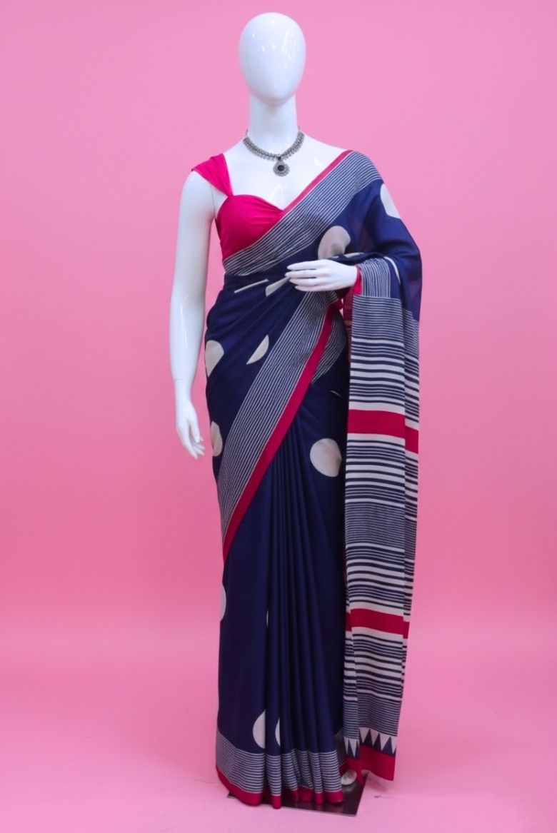 Blue Polka Dot Modal Crepe Silk Saree - Image 6