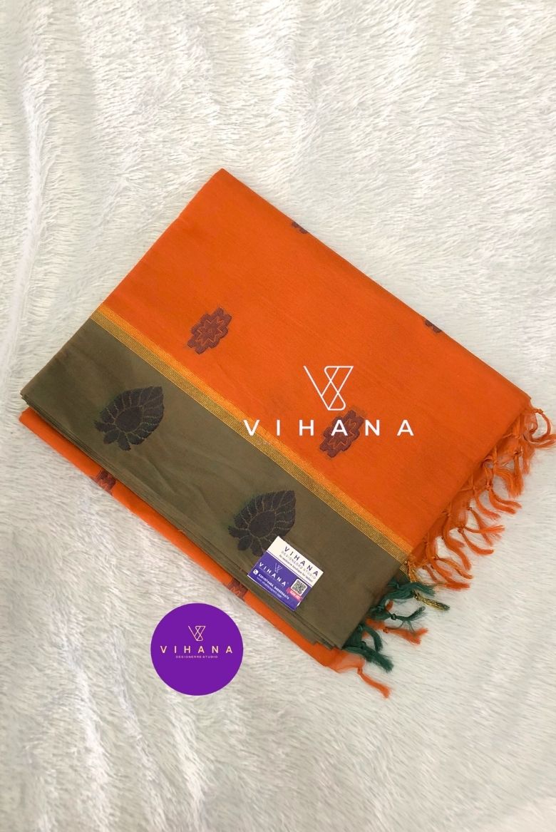 Rust Orange Pure Handloom Soft Cotton Saree - Image 2