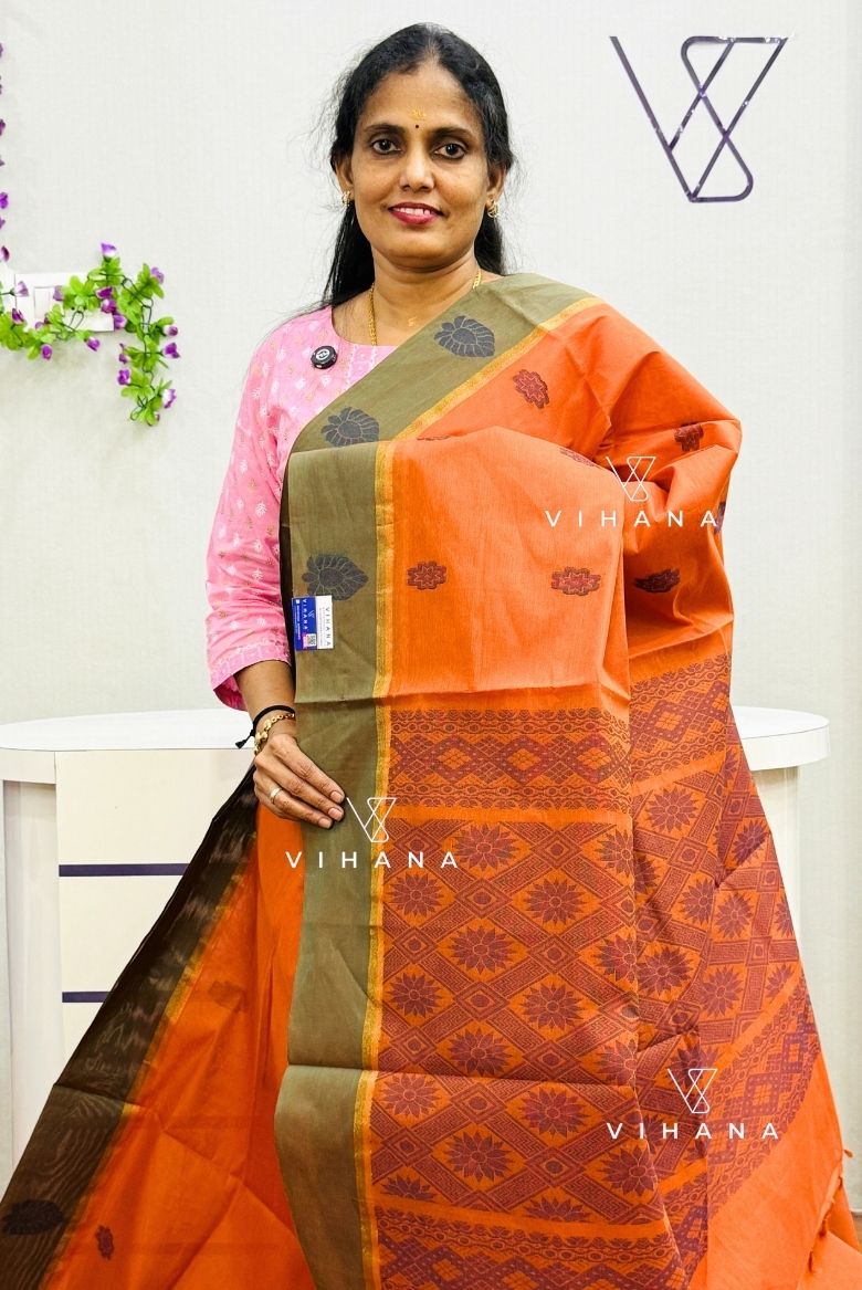 Rust Orange Pure Handloom Soft Cotton Saree