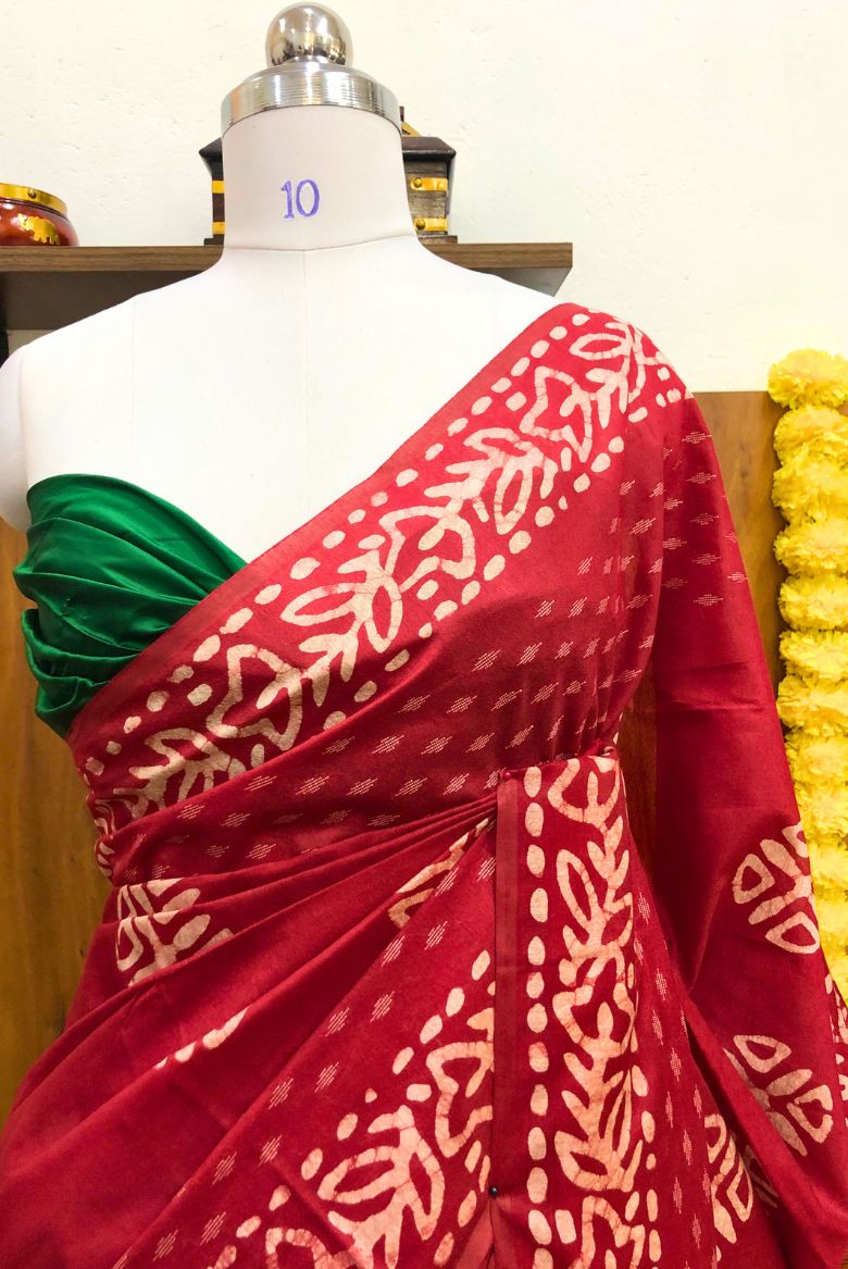 Dark Red Kota Silk Katwar Batik Print Saree - Image 6