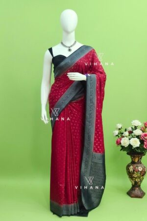 Bright Maroon Crimson Viscose Georgette Blend Saree with Contrast Black Border