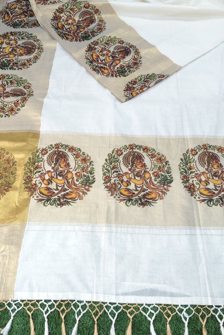 Kerala Cotton Set Saree with Lord Krishna Mural Print - Image 2