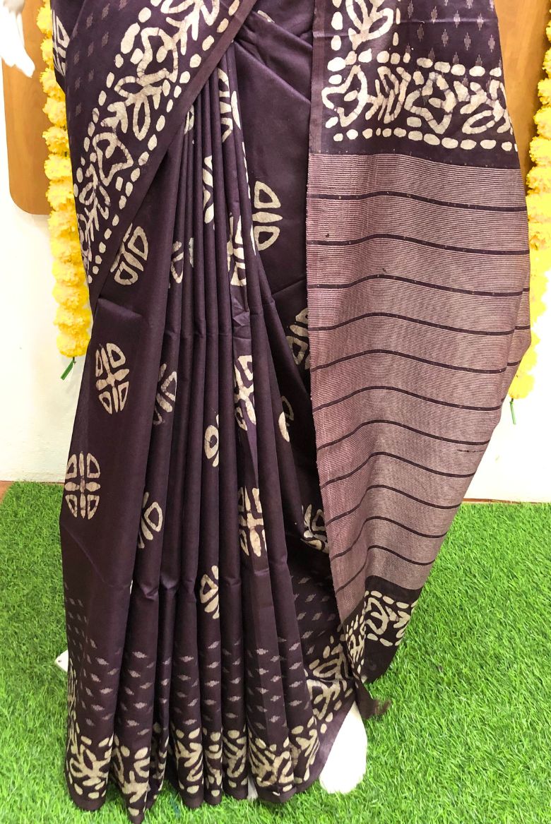 Dark Wine Kota Silk Katwar Batik Print Saree - Image 6