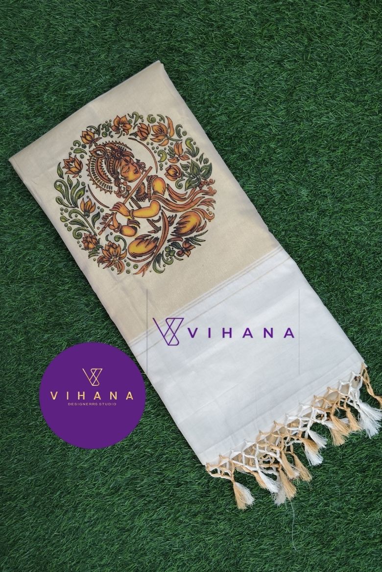 Kerala Cotton Set Saree with Lord Krishna Mural Print