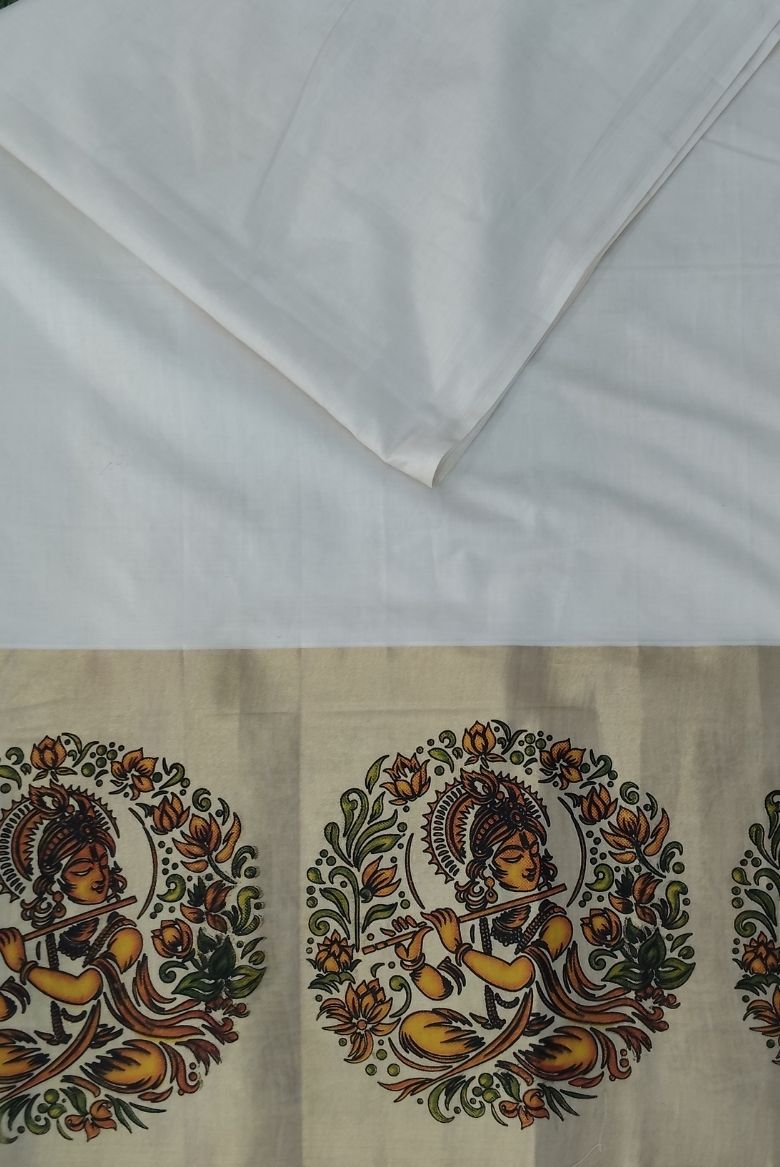 Kerala Cotton Set Saree with Lord Krishna Mural Print - Image 3