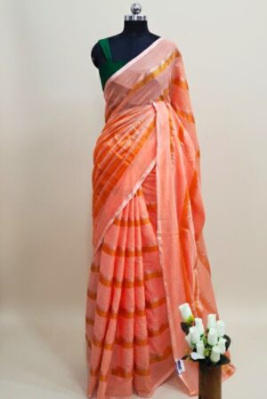 Orange 120 Count Pure Mulcotton Saree