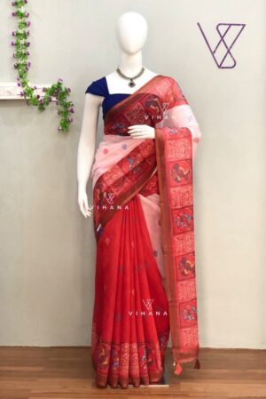 Red and Light Pink Hue Linen Cotton Saree with Traditional Prints