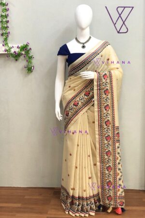 Beautiful Beige Linen Saree with Traditional Prints