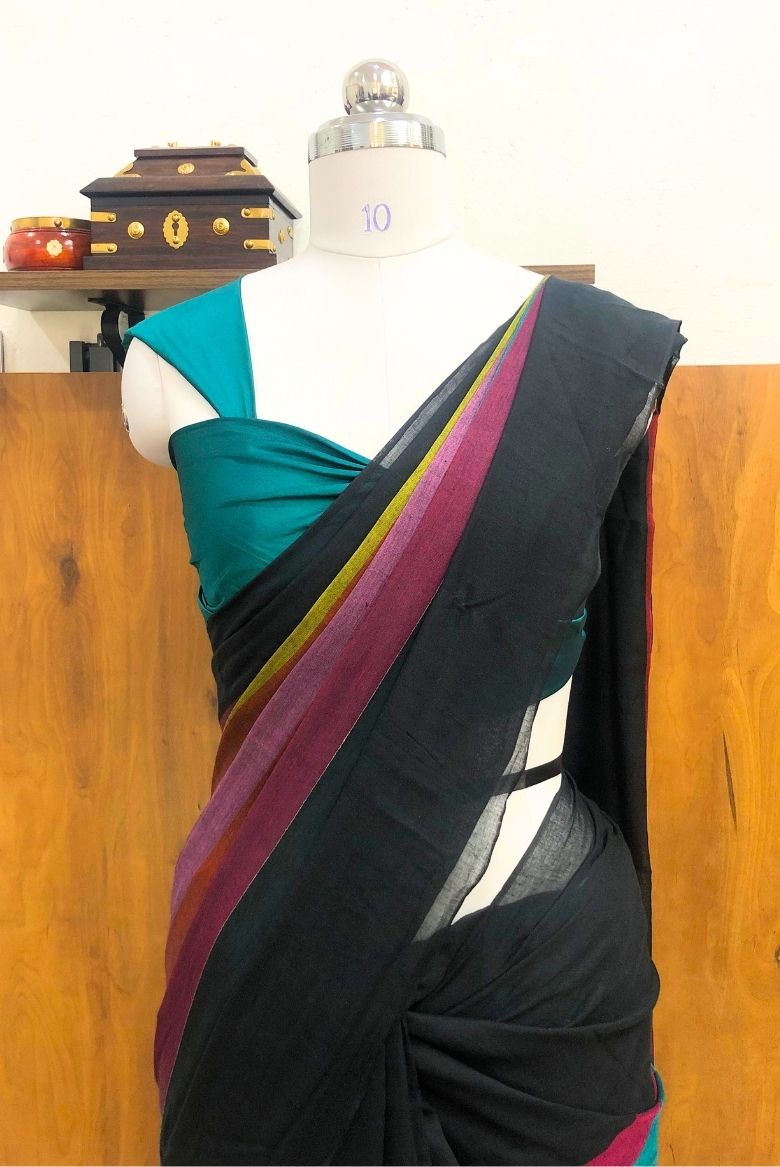 Pure 120 count Mul Cotton Black and Rainbow Design Saree - Image 3