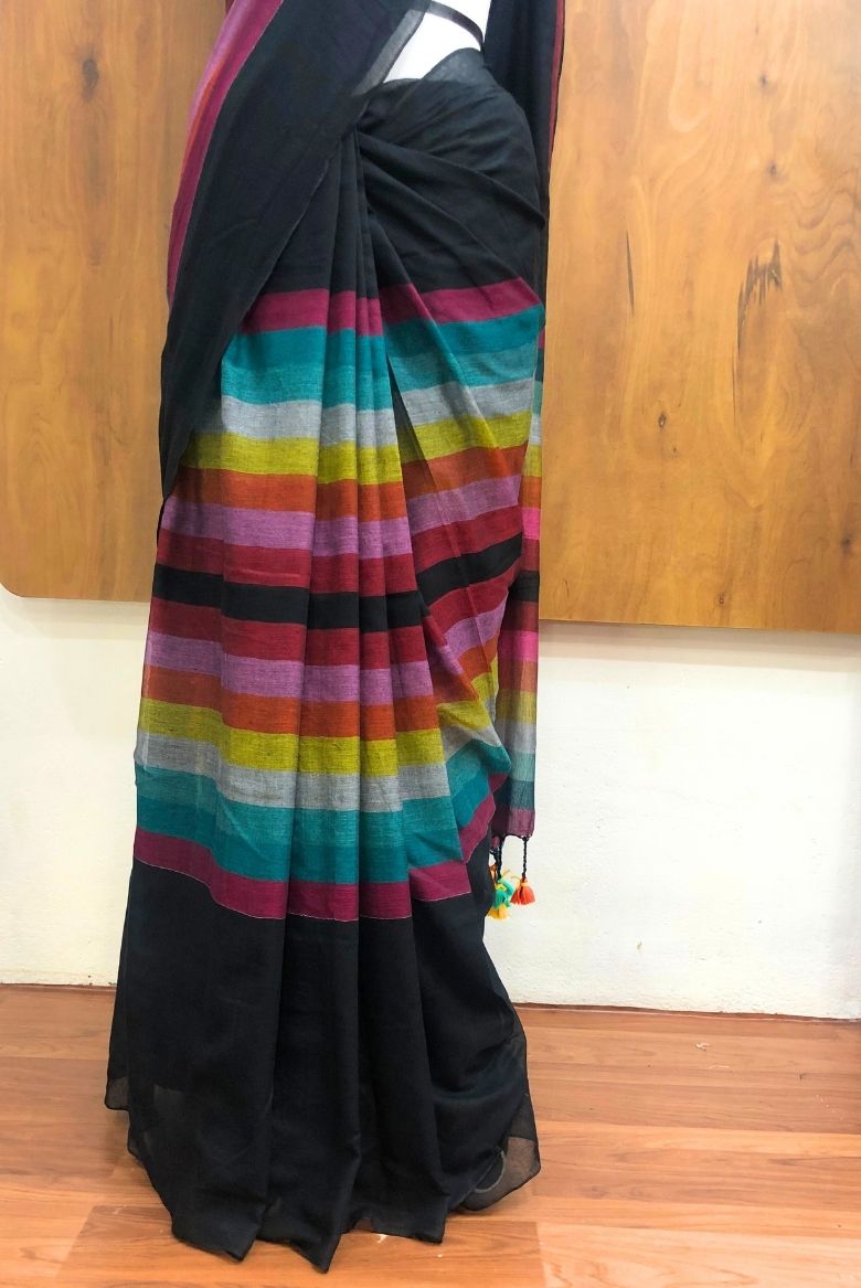 Pure 120 count Mul Cotton Black and Rainbow Design Saree - Image 4