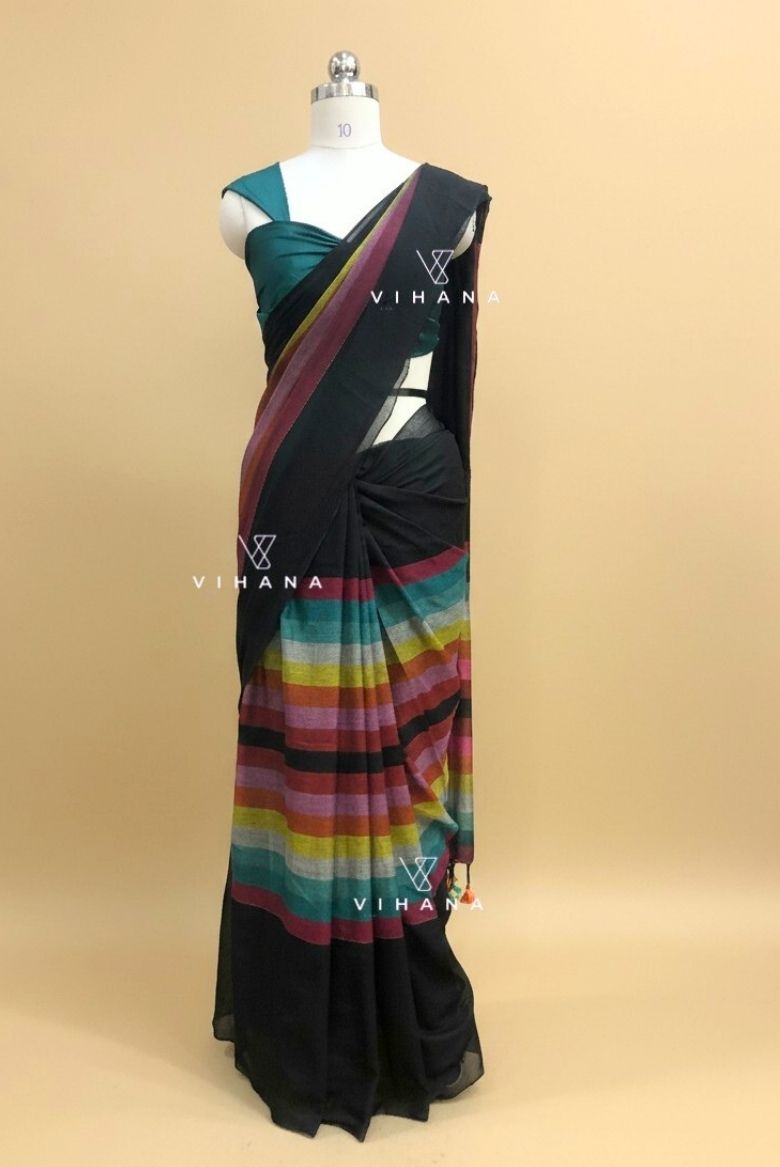Pure 120 count Mul Cotton Black and Rainbow Design Saree