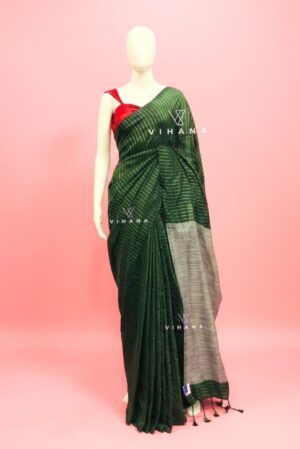 Green Silver Zari Striped Khadi Cotton Saree