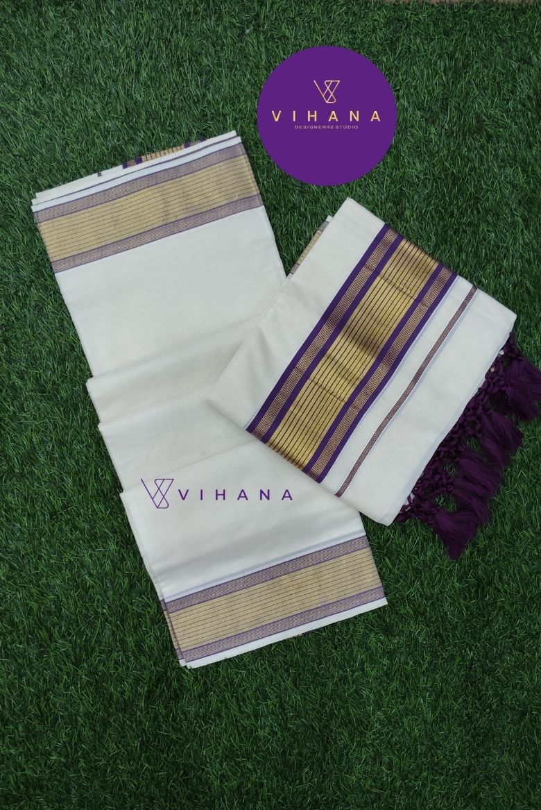 Kerala Cotton Set Mundu with Purple Border - Image 2