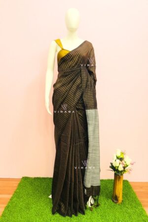 Brown Golden Zari Striped Khadi Cotton Saree