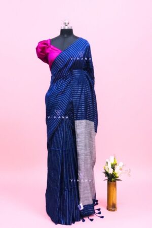 Royal Blue Silver zari Striped Khadi Cotton Saree