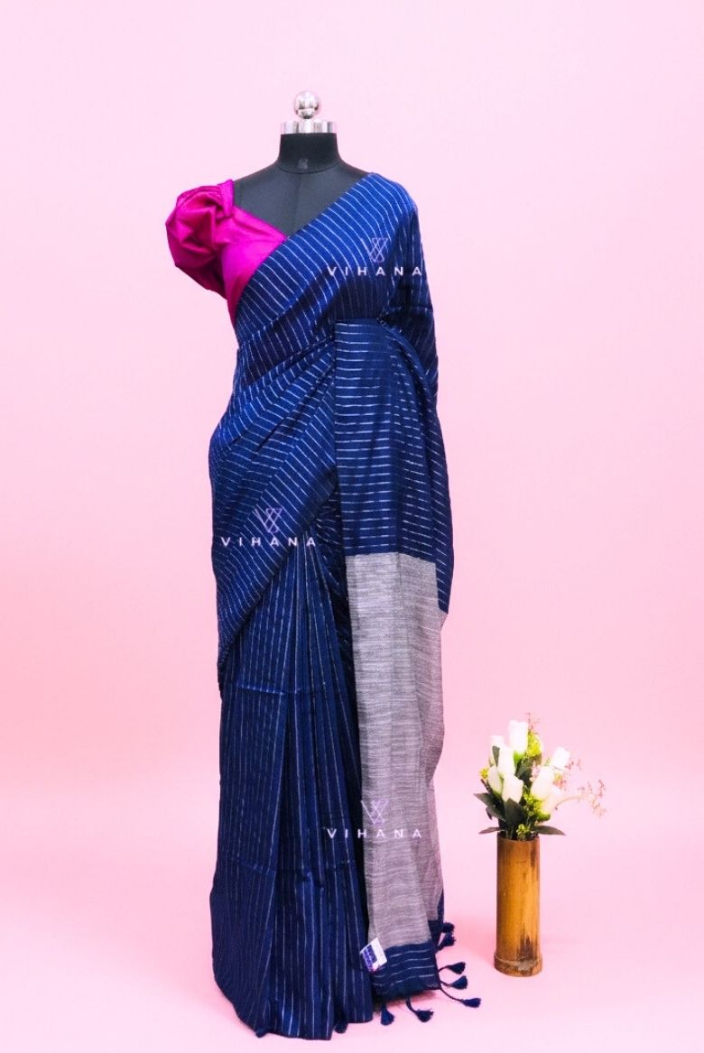 Royal Blue Silver zari Striped Khadi Cotton Saree