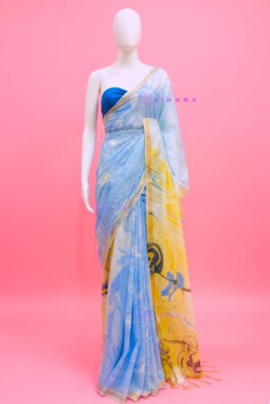Unique Blue and Yellow Marble Print Katan Silk Saree