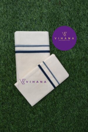 Kerala Cotton Set Mundu with Teal Blue Border