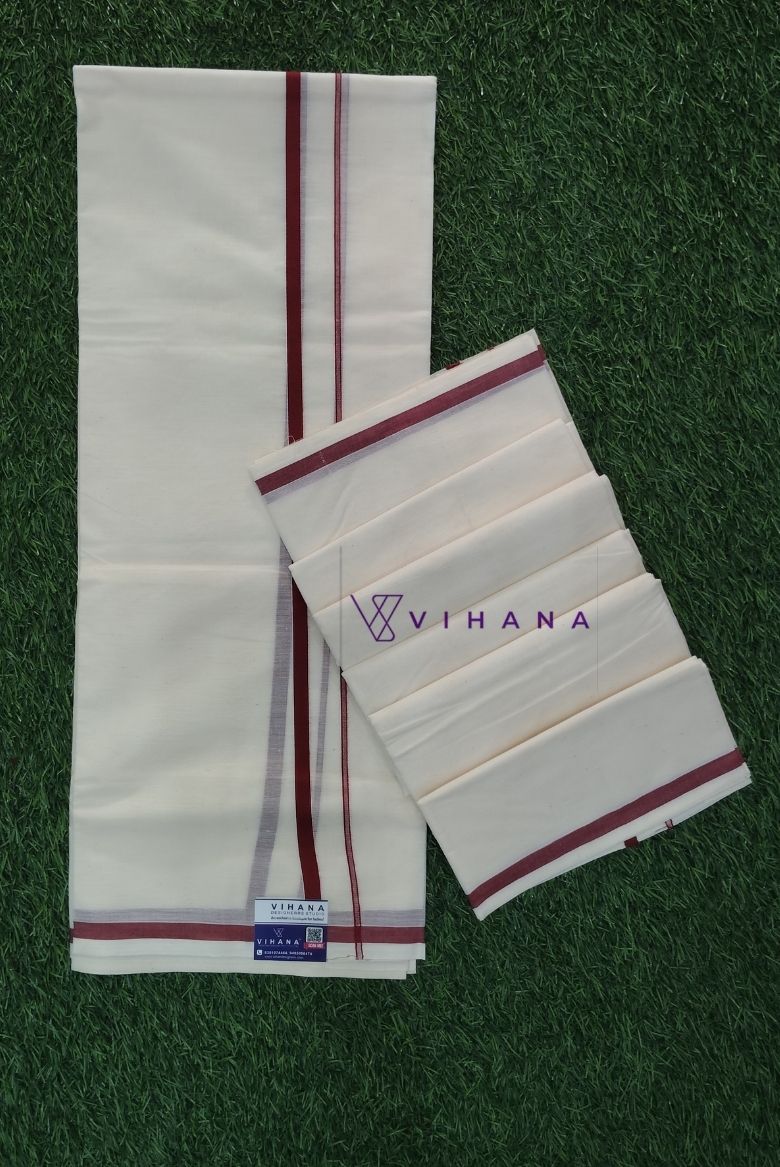 Kerala Cotton Set Mundu with Maroon Kara - Image 2