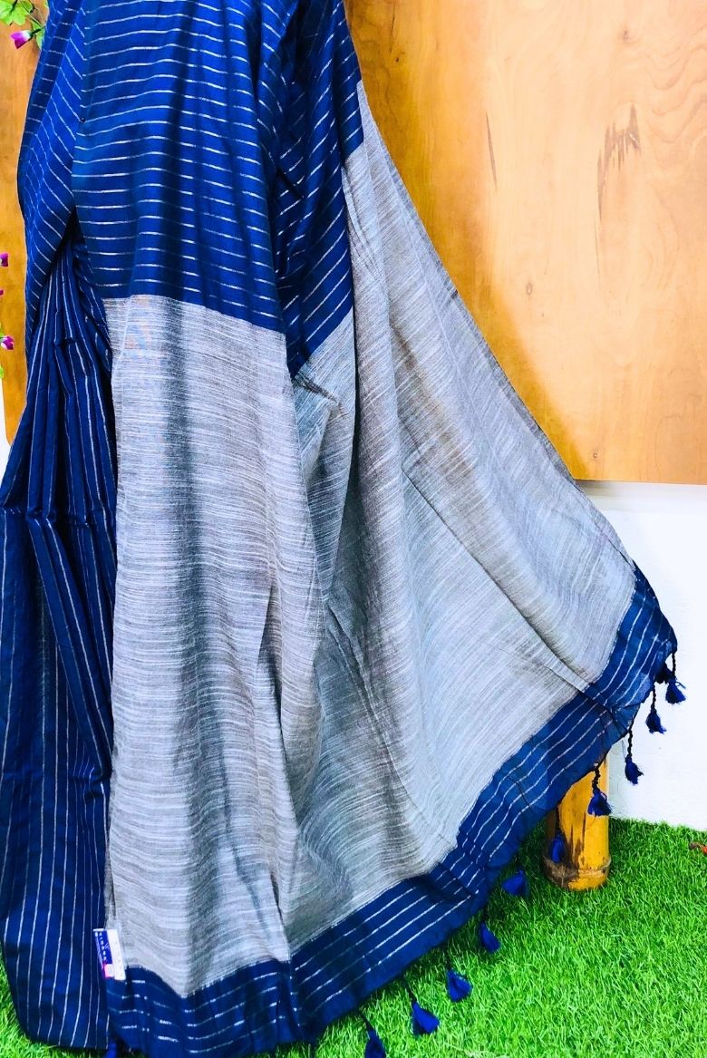 Royal Blue Silver zari Striped Khadi Cotton Saree - Image 4