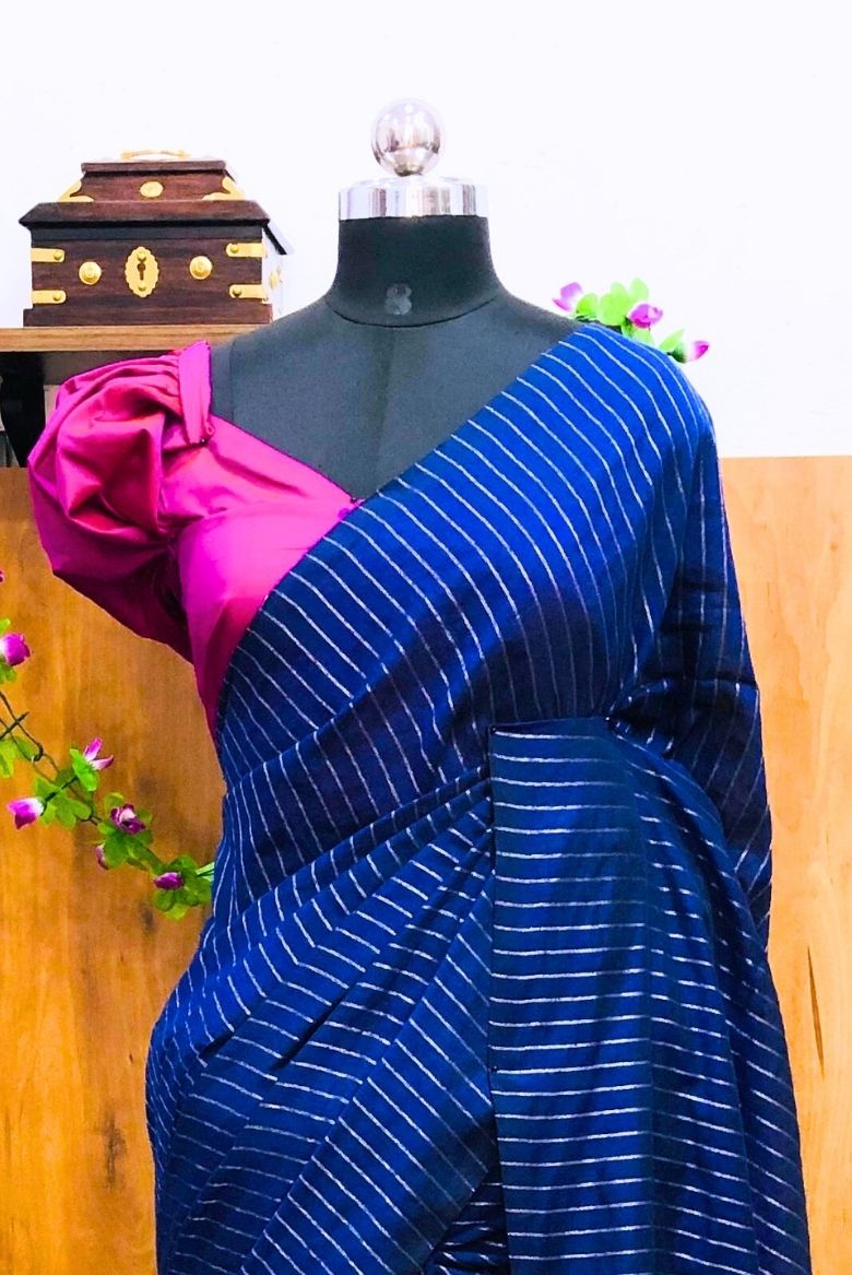 Royal Blue Silver zari Striped Khadi Cotton Saree - Image 2