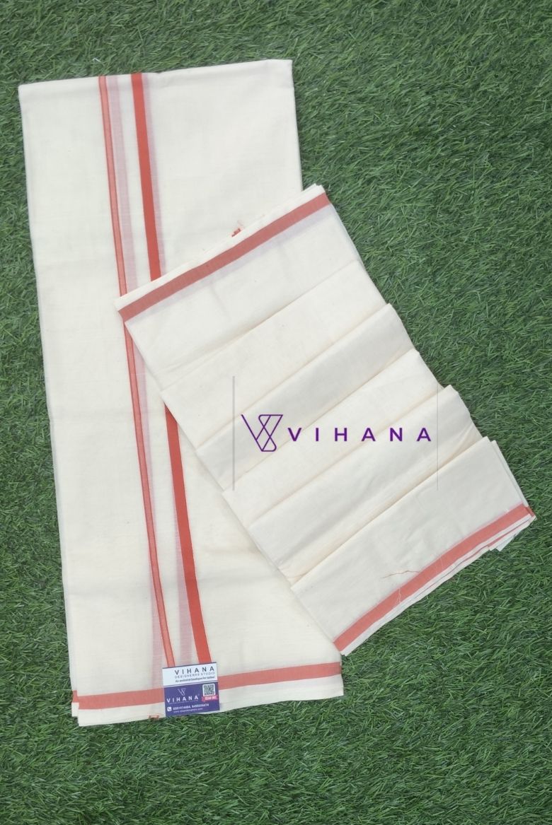Kerala Cotton Set Mundu with Orange Kara - Image 2