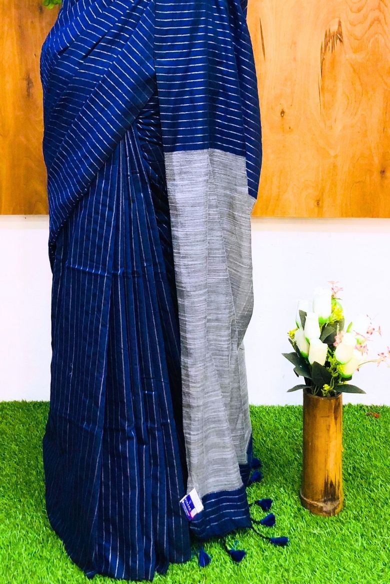 Royal Blue Silver zari Striped Khadi Cotton Saree - Image 3