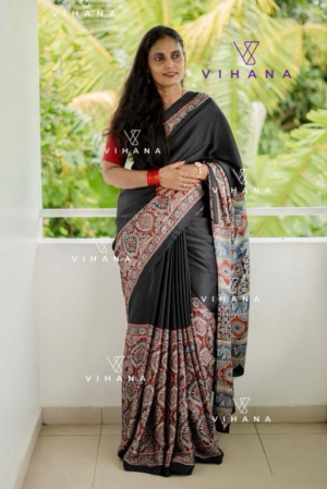 Regal Black Modal Satin Silk Saree with Traditional Ajrakh Print
